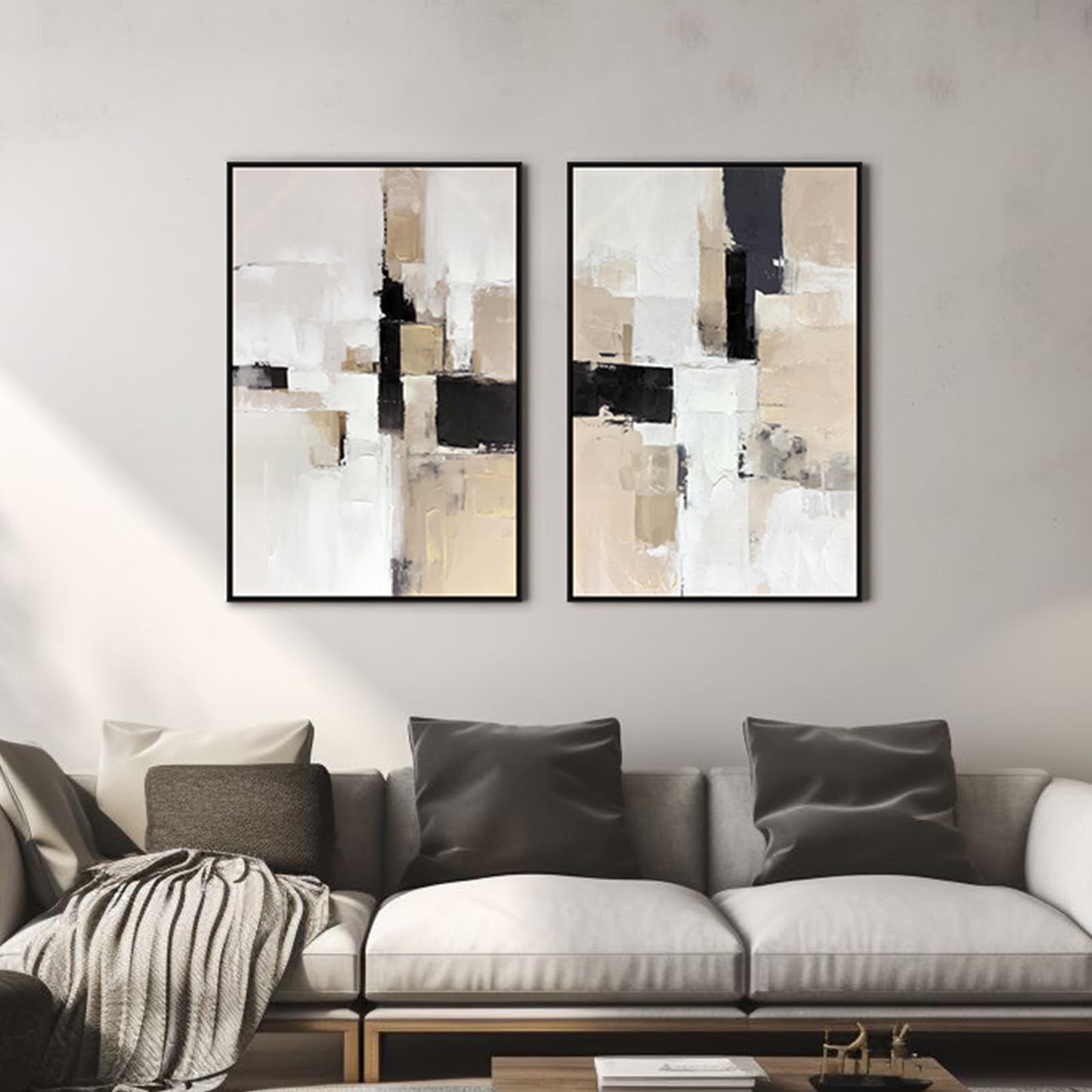 Zessonic Neutral Abstract Wall Art, Large Modern Textured Framed Canvas Wall Decor, Minimalist Prints Paintings, Earth Tone Black Beige Brown Artwork Pictures for Home, Living Room, Office, 24"x36"x2