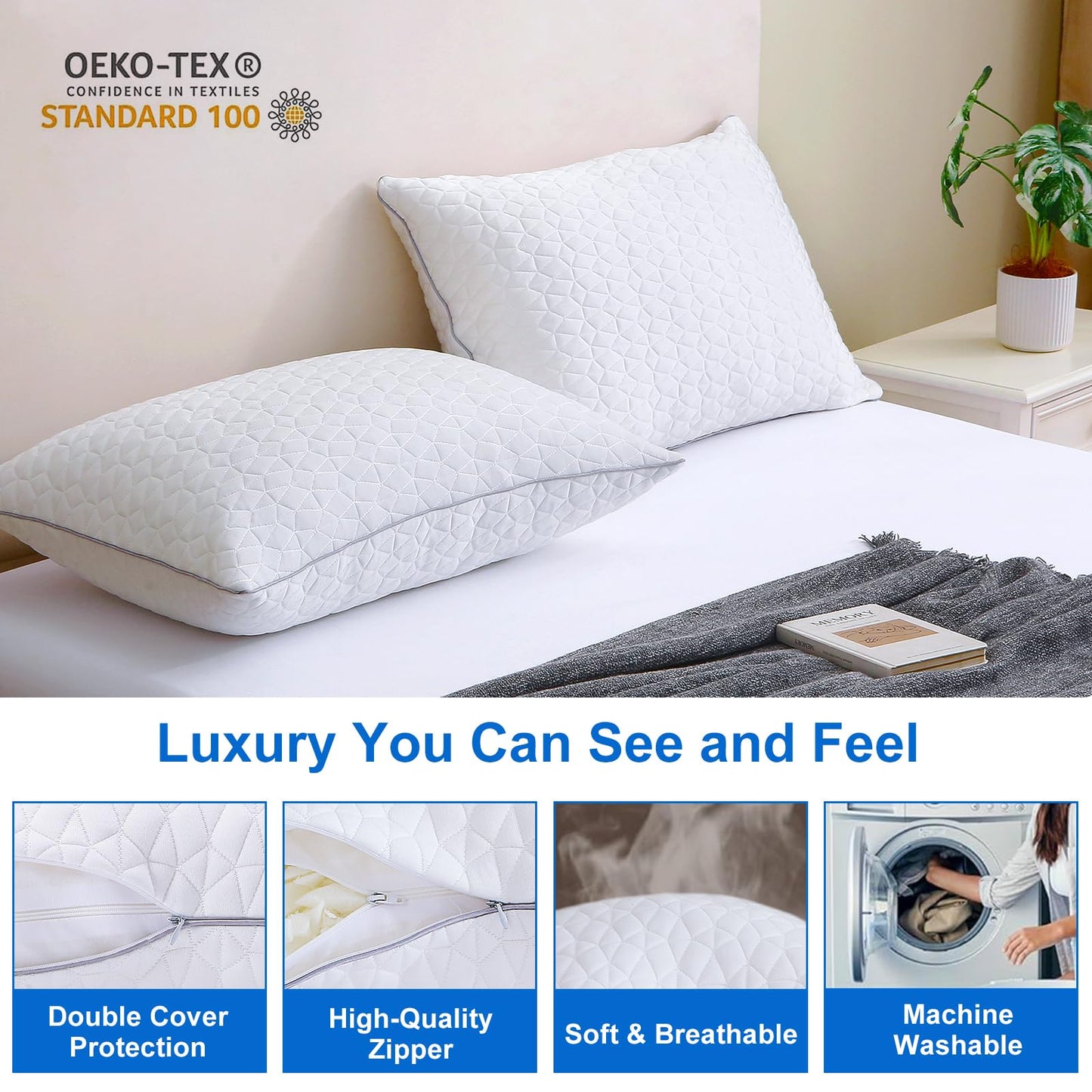 Cooling Pillows Queen Size Set of 2, Shredded Memory Foam Pillows, Adjustable Firm Bed Pillows Cool Cold Pillow for Hot Side Back Stomach Sleepers with Removable Washable Cover, 20" x 30", White