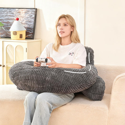 PAJEO Reading Pillow for Bed 17",Durable Striped Corduroy U Shaped Backrest with Arm Support,Ergonomic Gaming Cushion for Students,Small Bedroom Lounging,Medium - Gray
