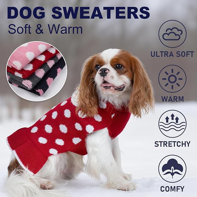 KYEESE Dog Sweater Dress with Leash Hole Small Turtleneck for Girl Dog Sweater Dress Polka Dot Knit Warm Puppy Sweaters with Pom Pom Ball