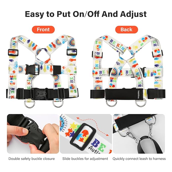 HOOMTREE Safety Walking Harness and Leash for Autism & Special Needs Kids Ages 6-12 with Easy-Adjust Tether + Emergency Grab Handle for Wandering Prevention & Calm Outdoor Adventures
