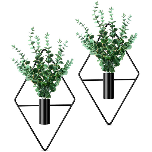 Canlierr 2 Pieces Wall Decor Hanging Planters with Artificial Plants Metal Hanging Vase Indoor Plants Holder Modern Boho Wall Art for Bathroom Bedroom Living Room Decor(Black,Eucalyptus)