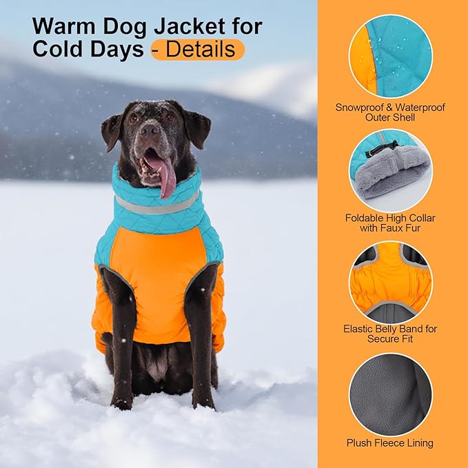 OUOBOB Warm Dog Jackets for Large Dogs, Waterproof Dog Coat with Harness Built in, Zipper Clousure, Fleece Lining for Cold Weather Outdoor Walks, Pet Snowsuit for Shiba Inu, French Bulldog - L