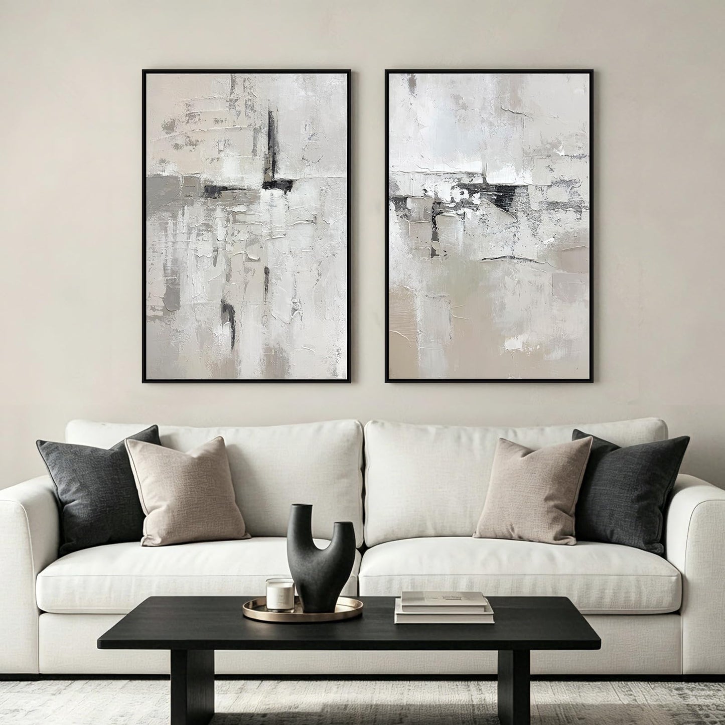 SAFERRYHOME Abstract Textured Wall Art Hand Painted, Large 3D Texture Minimalist Framed Canvas Wall Decor, Neutral Modern Gray White Painting Artwork for Home Office Living Room, 24"x36"x2