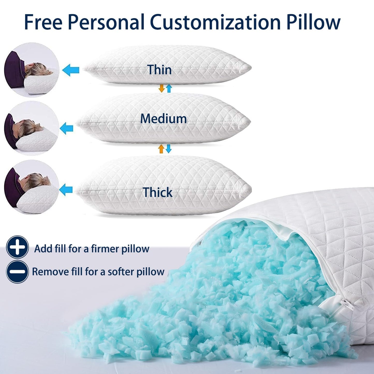 KEYOOHOME Shredded Memory Foam Pillows for Sleeping,Bed Pillows Queen Size Set of 2 Pack Cooling Adjustable,Good for Side and Back Sleeper with Washable Removable Cover