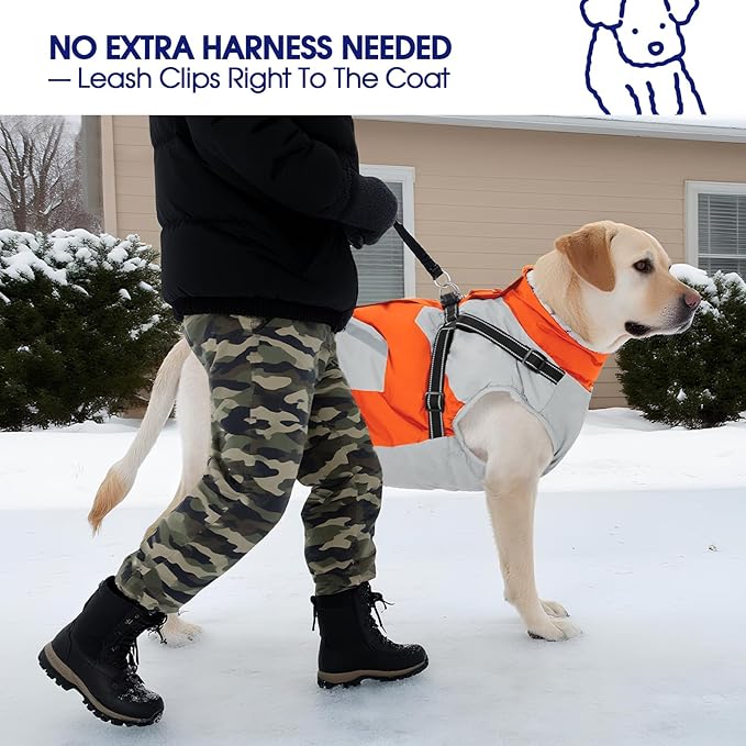 FUAMEY Dog Winter Jackets for Large Dogs,Dog Coat with Harness Built in,Waterproof Dogs Snowsuits Warm Pet Jacket Zip Up Fleece Cold Weather Coats Reflective Safety Pets Hunting Vest Orange 2XL