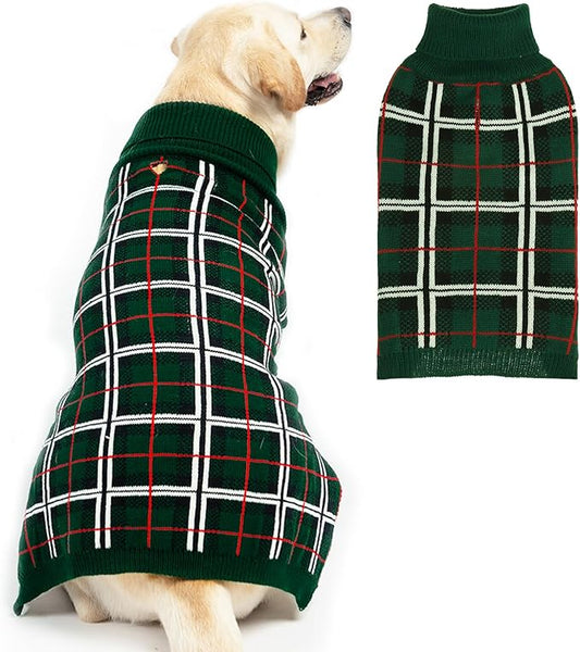 PUPTECK Dog Sweaters for Large Medium Small Dogs - Fall Classic Plaid Style Puppy Holiday Winter Coat Clothes Warm, Green, XL