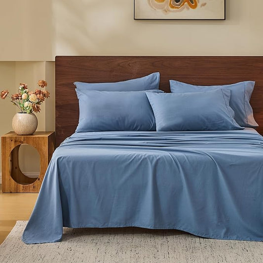 MEISHANG 100% French Pure Linen Sheets Queen Size - Bed Sheets 4 Piece Sets, Soft Durable Flax Linen, Anti-Tear Breathable Oeko-Tex Certified with 16" Deep Pocket (Dusty Blue)