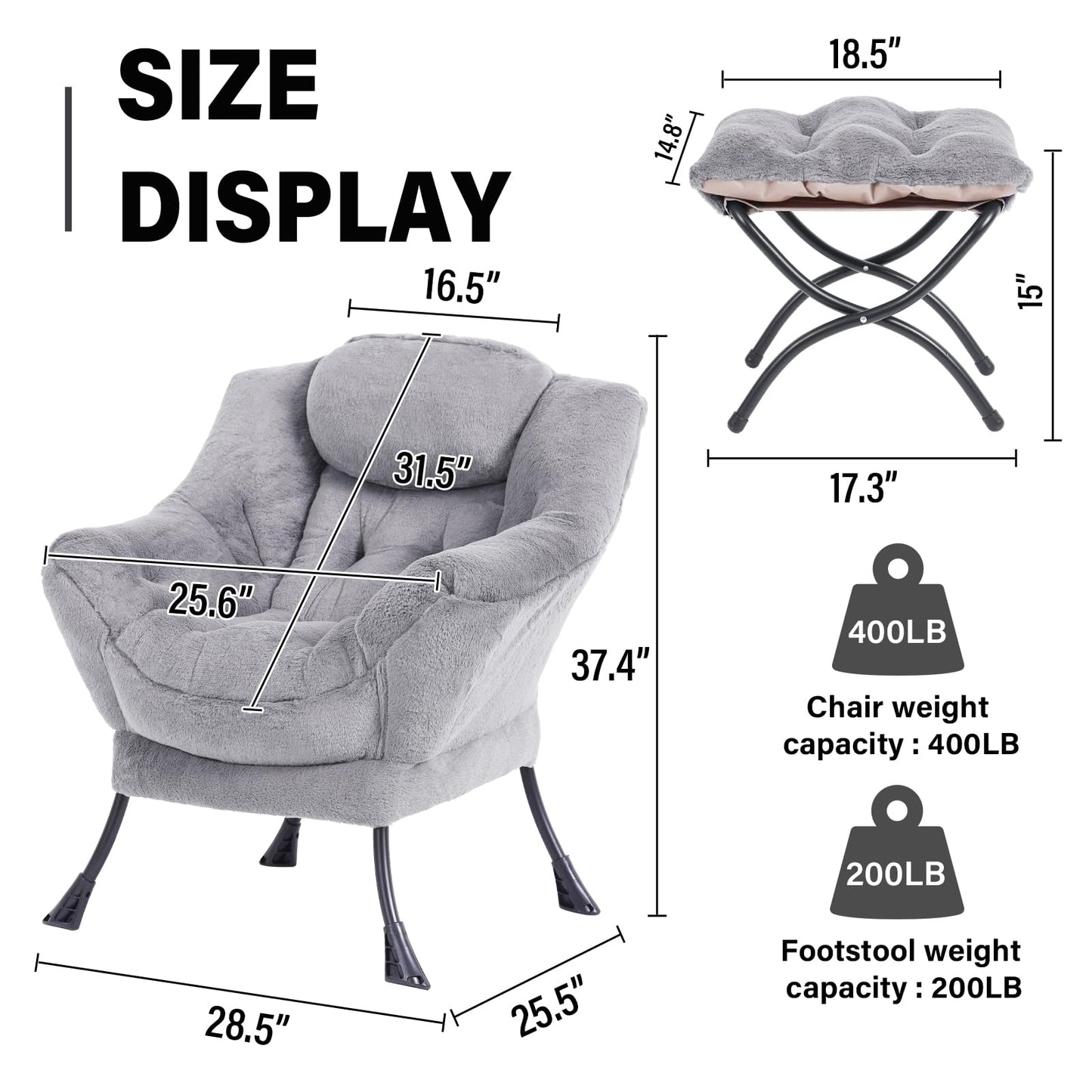 SESHINELL Lazy Chair with Ottoman, Modern Accent Lounge Leisure Sofa with Armrests, Reading Chair and Folding Footstool for Living Room, Bedroom, Office, Plush Grey