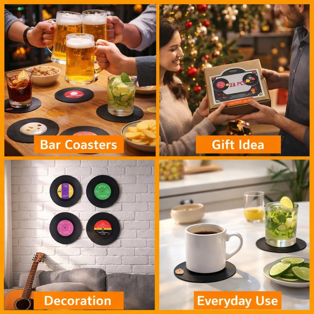 26 Pcs Retro Vinyl Record Coasters for Drinks, 4 Inch Record Player Coaster Set, Funny Music Lovers Gift for Home Bar Decor, Birthdays and Housewarming
