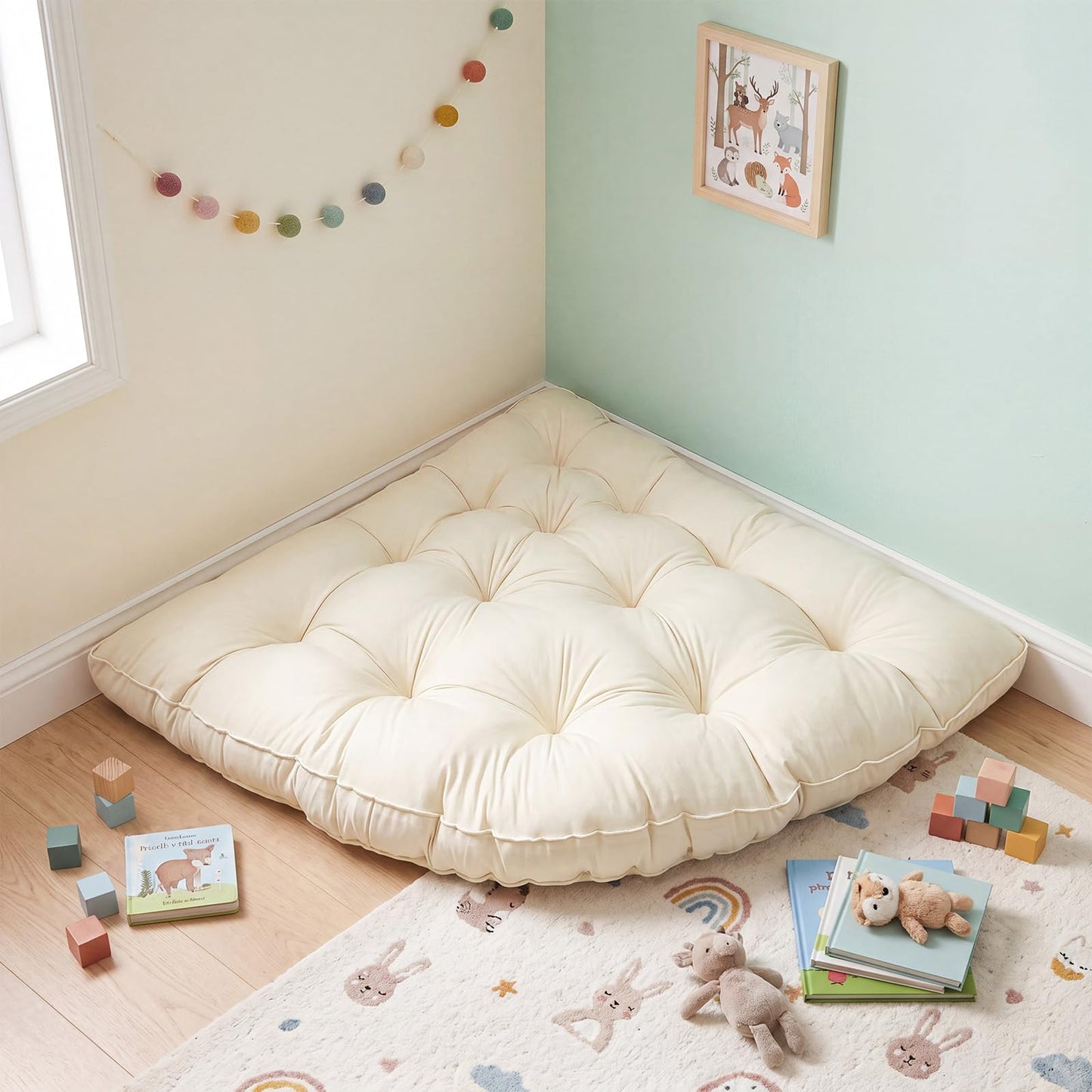 Yookeer Triangle Floor Pillow 100cm Cream Tufted Corner Floor Cushion Thickened Soft Window Seat Cushion Washable Meditation Mat for Living Room Bay Balcony Reading