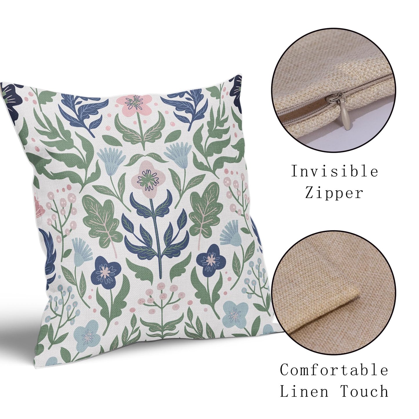 Blue Green Floral Pillow Covers 18x18 Set of 2 Navy Pink Sage Flower Flower Block Print Decorative Throw Pillowcases Outdoor Spring Summer Farmhouse Cushion Cases Decor for Home Couch Sofa Bed