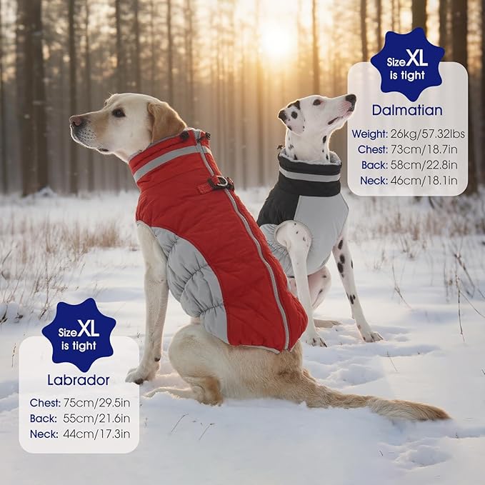 FUAMEY Dog Coat for Large Dogs,Waterproof Dog Winter Jacket with Harness Built in Puppy Cold Weather Coats Reflective Pet Vest with Zipper Warm Fleece Dogs Snowsuit Windproof Black XL