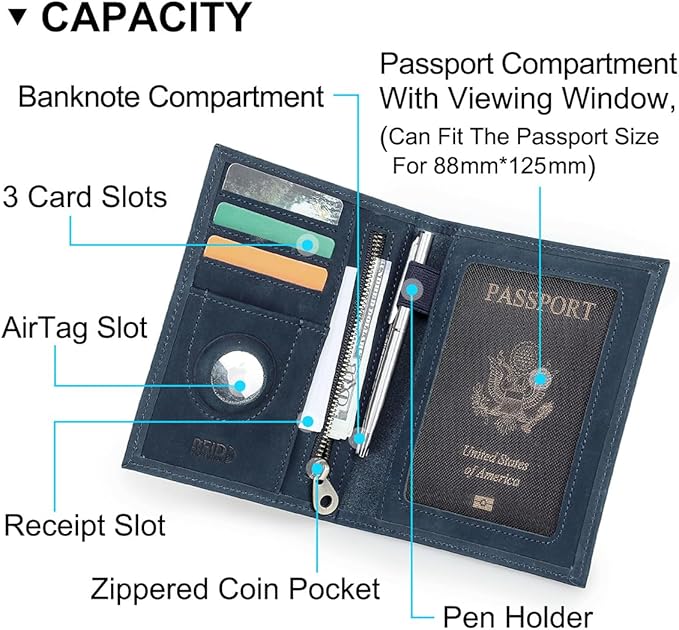 CONTACTS Full Grain Leather Airtag Passport Holder RFID Blocking Travel Passport Wallet Slim Passport Cover Case with 4 Card Slots, Coin Pocket (US Passport Stamp, Blue)