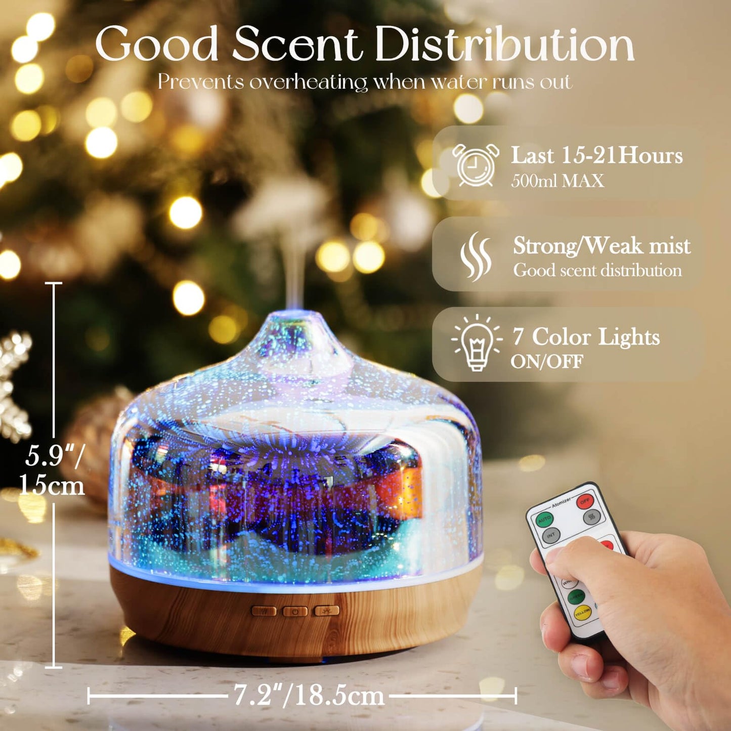 Porseme 500ml Glass Essential Oil Diffuser Aromatherapy Ultrasonic Cool Mist Humidifier 15-21 Running Hours Diffusers with Remote Control for Sleeping Yoga Working Spa(Silver