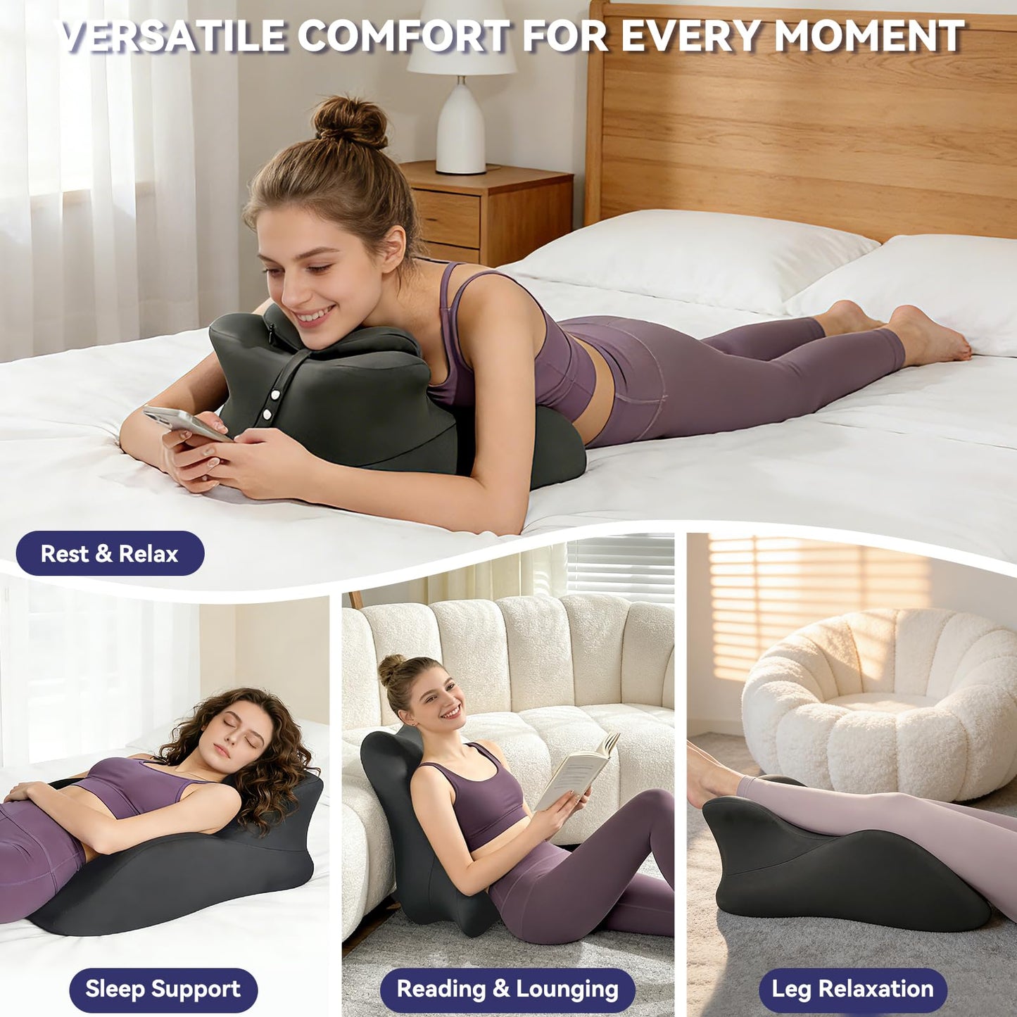 HOTKBO Memory Foam Wedge Pillow, Ergonomic Neck Back Lumbar Support Pillow for Reading, Relaxation & Sleeping, 27° Angled Cushion with Removable Washable Cover, Dark Gray