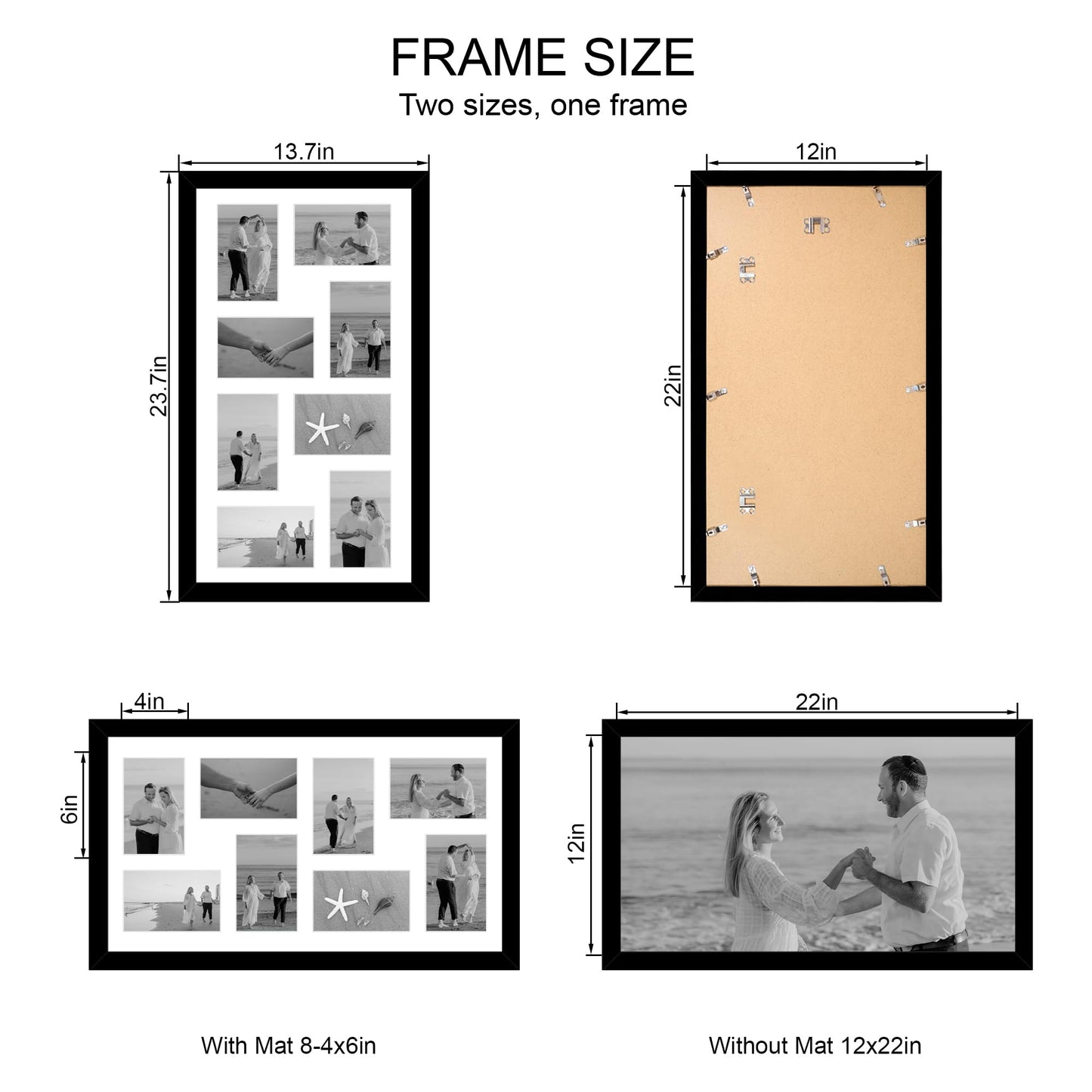 Hongkee 12x22 Picture Frame Set of 2, Black with Glass Collage Frame, Display Eight Opening 4x6 Photos With Mat or 12 x 22 Newspaper Without Mat - Horizontal or Vertical Wall Mounting