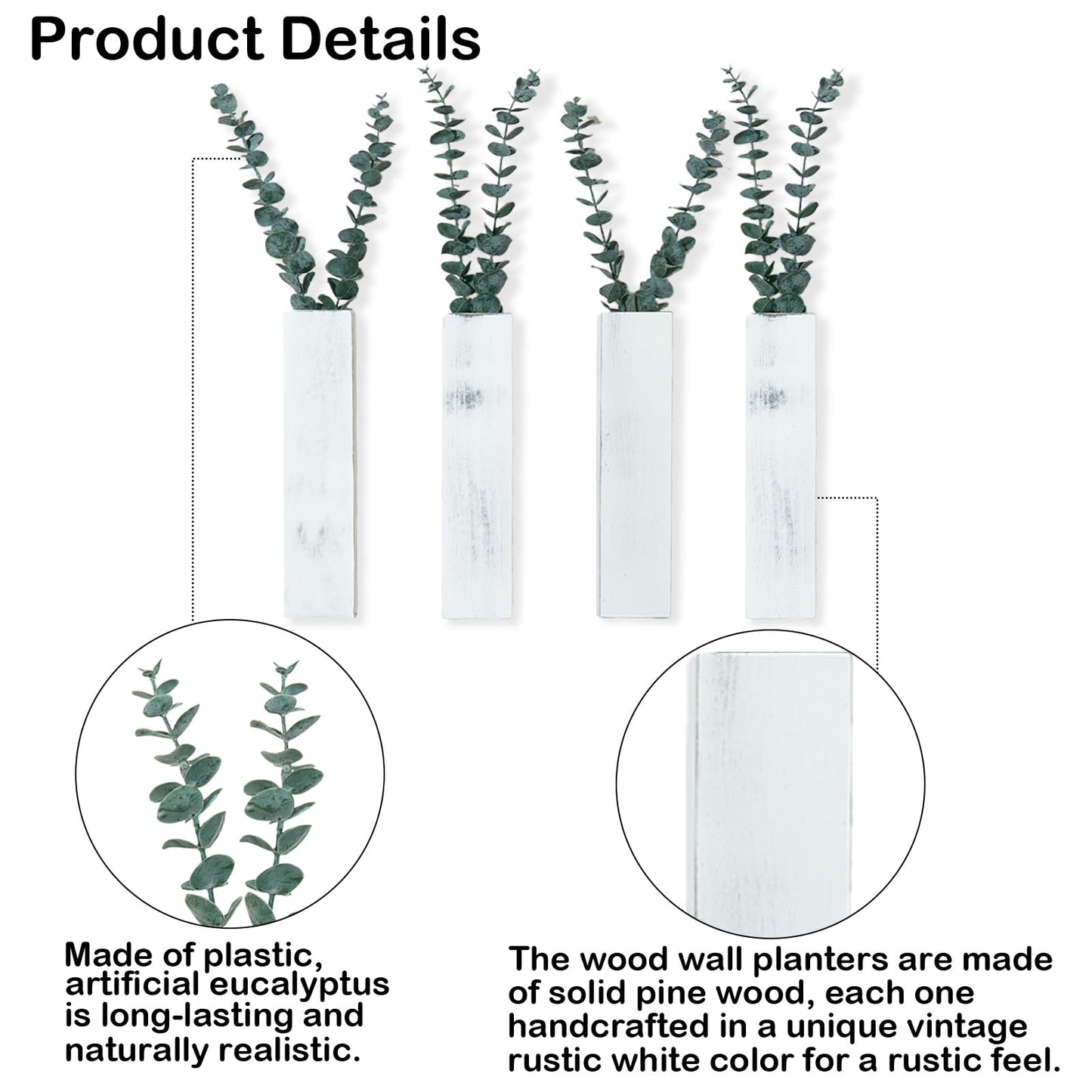 4 Pack Wood Wall Planters with 8 Pcs Artificial Eucalyptus, Plant Wall Decor for Living Room, Bedroom, Bathroom, Office, Wall Hanging Decor Wall Vase with Faux Plants, Rustic White