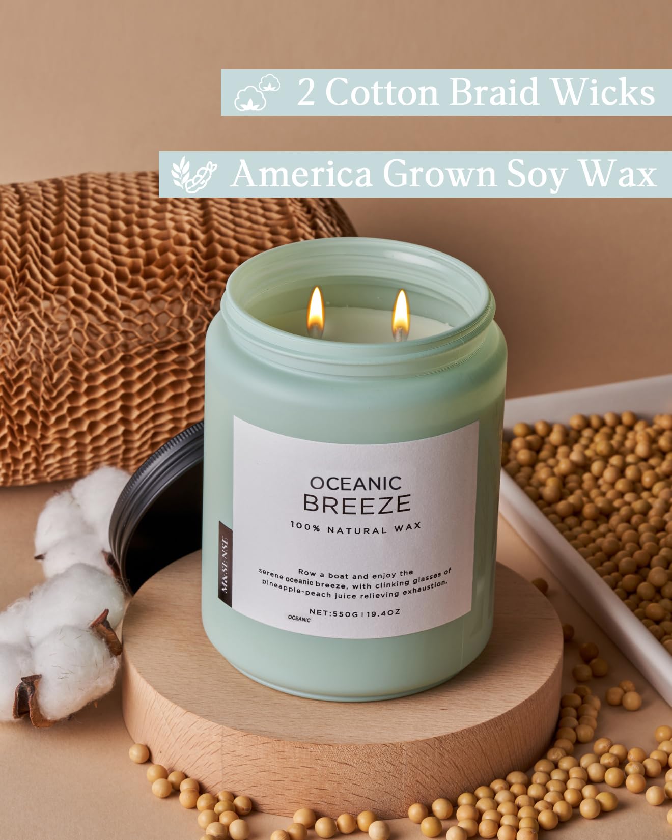M&SENSE Candle Oceanic Breeze Scented, 19.4oz 110 Hour Long Lasting 2 Wick Pineapple & Mango Scent Natural Soy Candles for Home Scented for Stress Relief & Women/Men