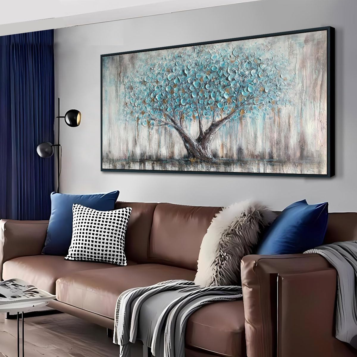 Arjun Framed Blue Tree Canvas Wall Art for Living Room Tree of Life Abstract Bedroom Textured Painting, Nature Picture Landscape Artwork Home Office Decor, Black Wood Large 40"x20"