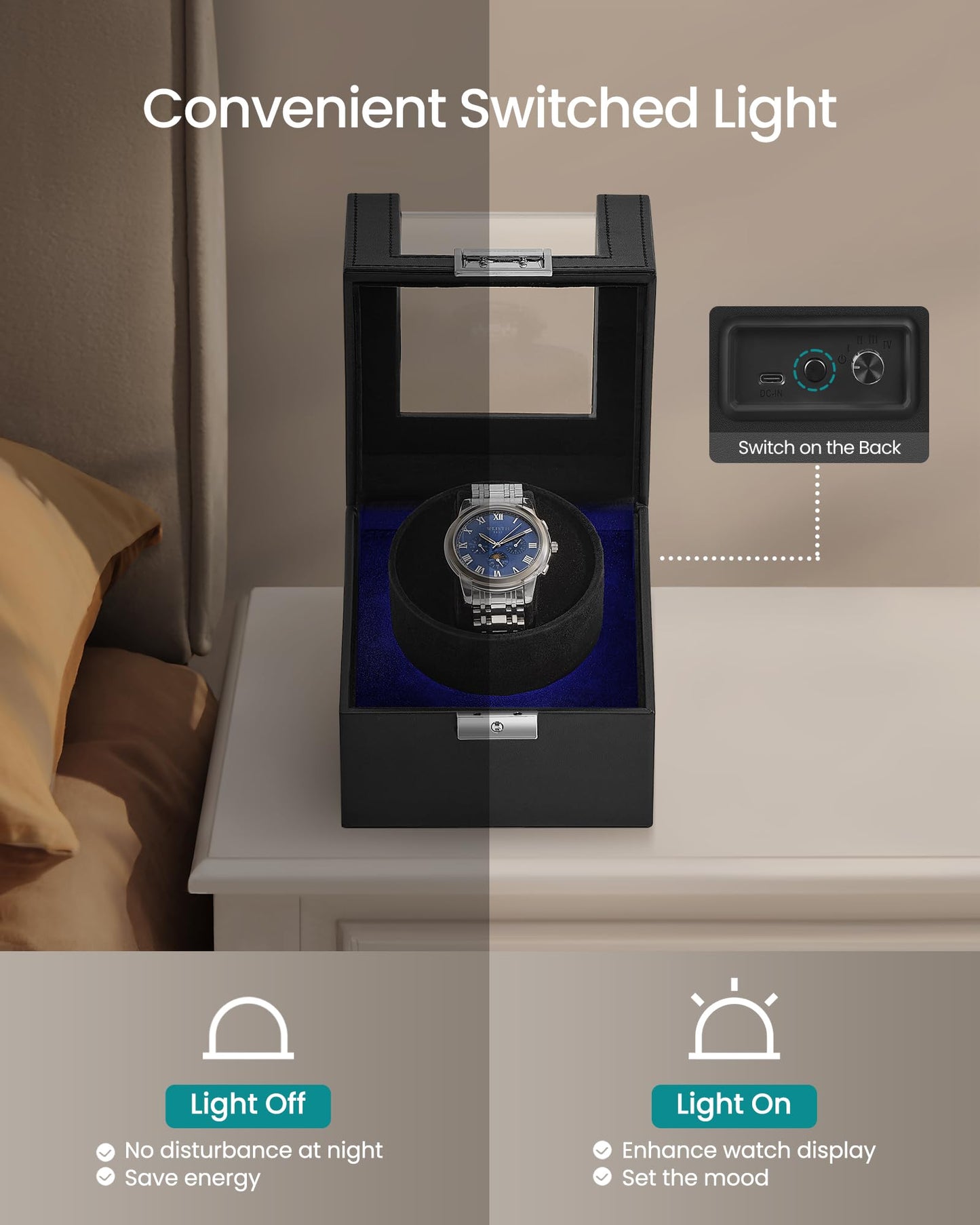 SONGMICS Automatic Single Watch Winder Box with Quiet Motor, for Automatic Watches, with LED Light, Adjustable Pillow, Lock, 4 Winding Settings, Fathers Day Gift for Dad, Black UJWB030B01