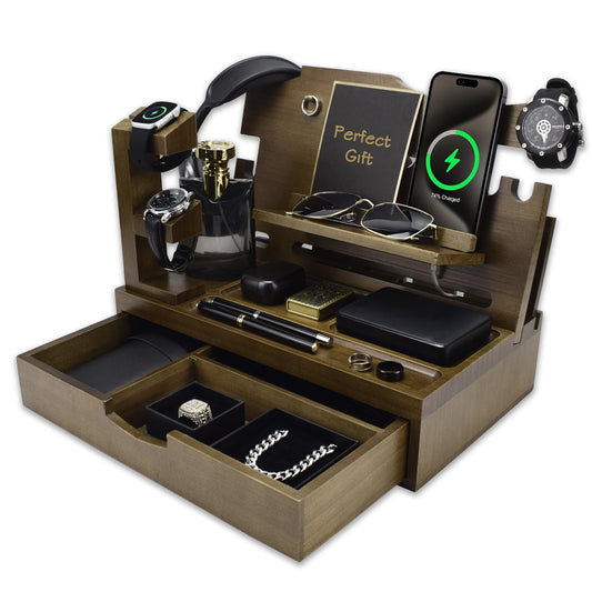 KWYADLUO Nightstand Organizer for Men with Large Drawer, Wood Phone Docking Station for Phone, Apple Watch, Wallet & Keys, Ideal Birthday Gift for Father Husband, Bedside Desk Organizer (Brown)
