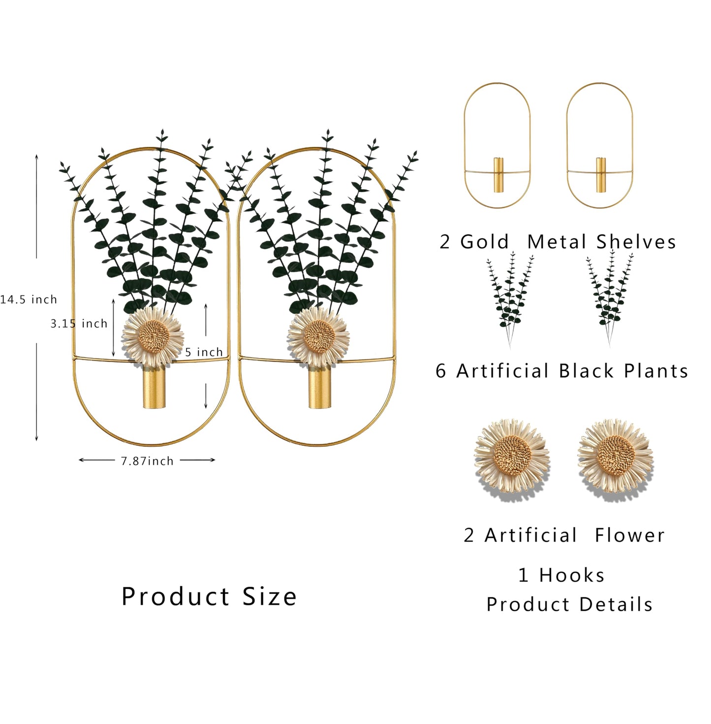 2 Pack Gold Metal Plants Wall Hanging Decor, Metal Hanging Vase for Living Room, Bedroom, Bathroom, Dining Room, Wall-Mounted Plant Decor with Artificial Plants
