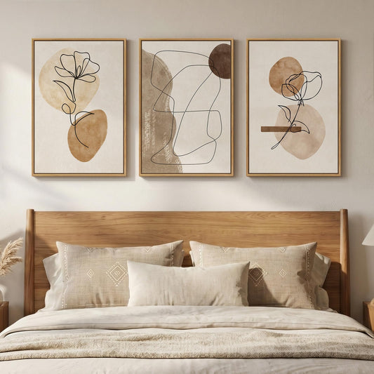 Framed Neutral Abstract Boho Wall Art Bedroom, 3 Piece Brown Black Botanical Minimalist Floral Lines Canvas Artwork for Walls, Modern Bohemian Pictures for Dining Room Living Room Wall Decor, 16x24 In