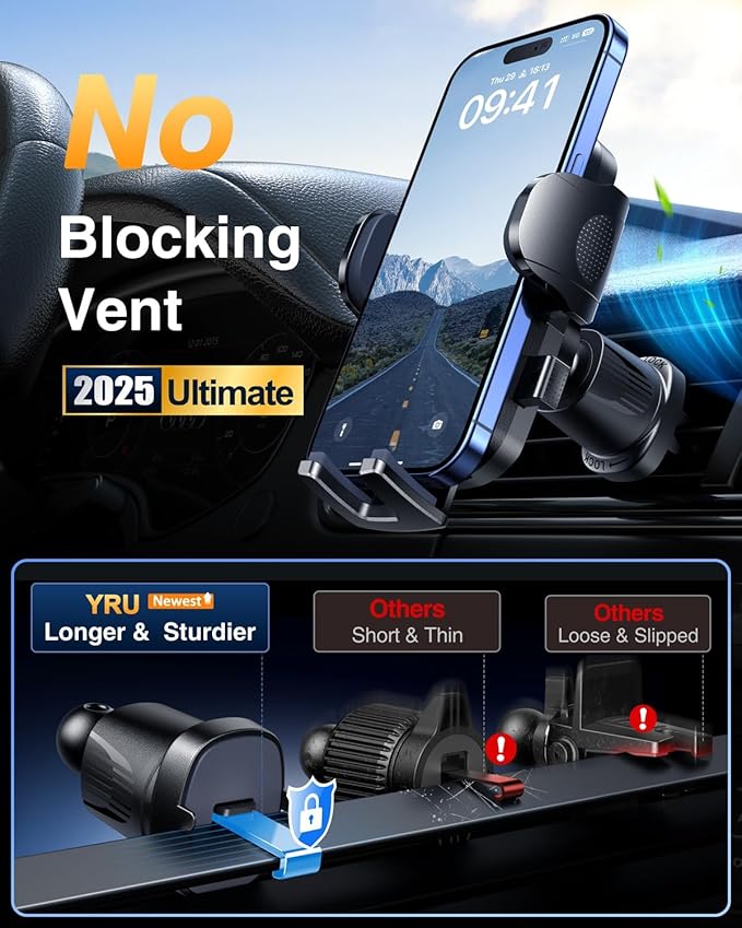 YRU True Military-Grade [360° Rotation Suction] 2025 Ultimate Car Phone Holder Mount 【90+LBS Safest Strongest & Patent Certs】 Dashboard Windshield Vent for iPhone 17 16 Pro Max Samsung, Jet Black