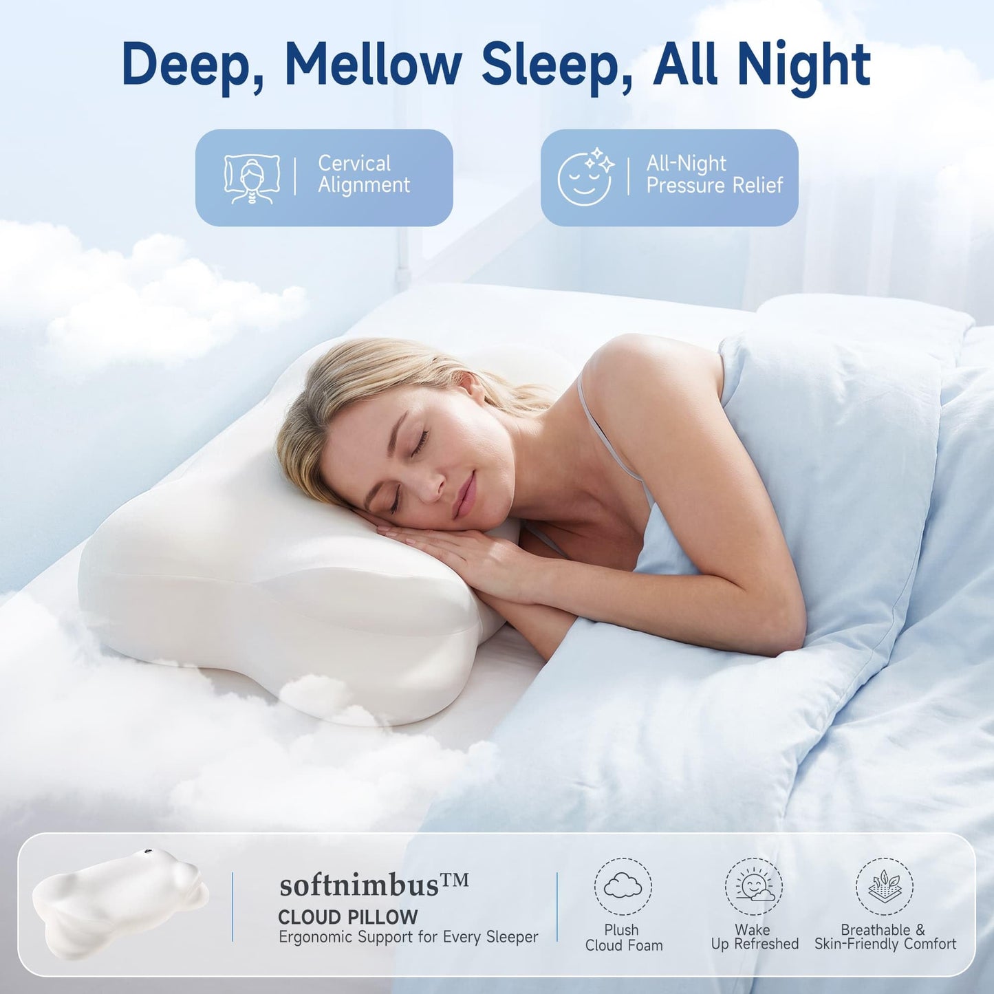 Mellow Cloud Pillow (2026 Upgraded) – Ergonomic Cervical Support Pillow, Dual-Sided Firmness for Neck Alignment, Breathable Memory Foam with Washable Cover for Side/Back Sleepers, Queen Size