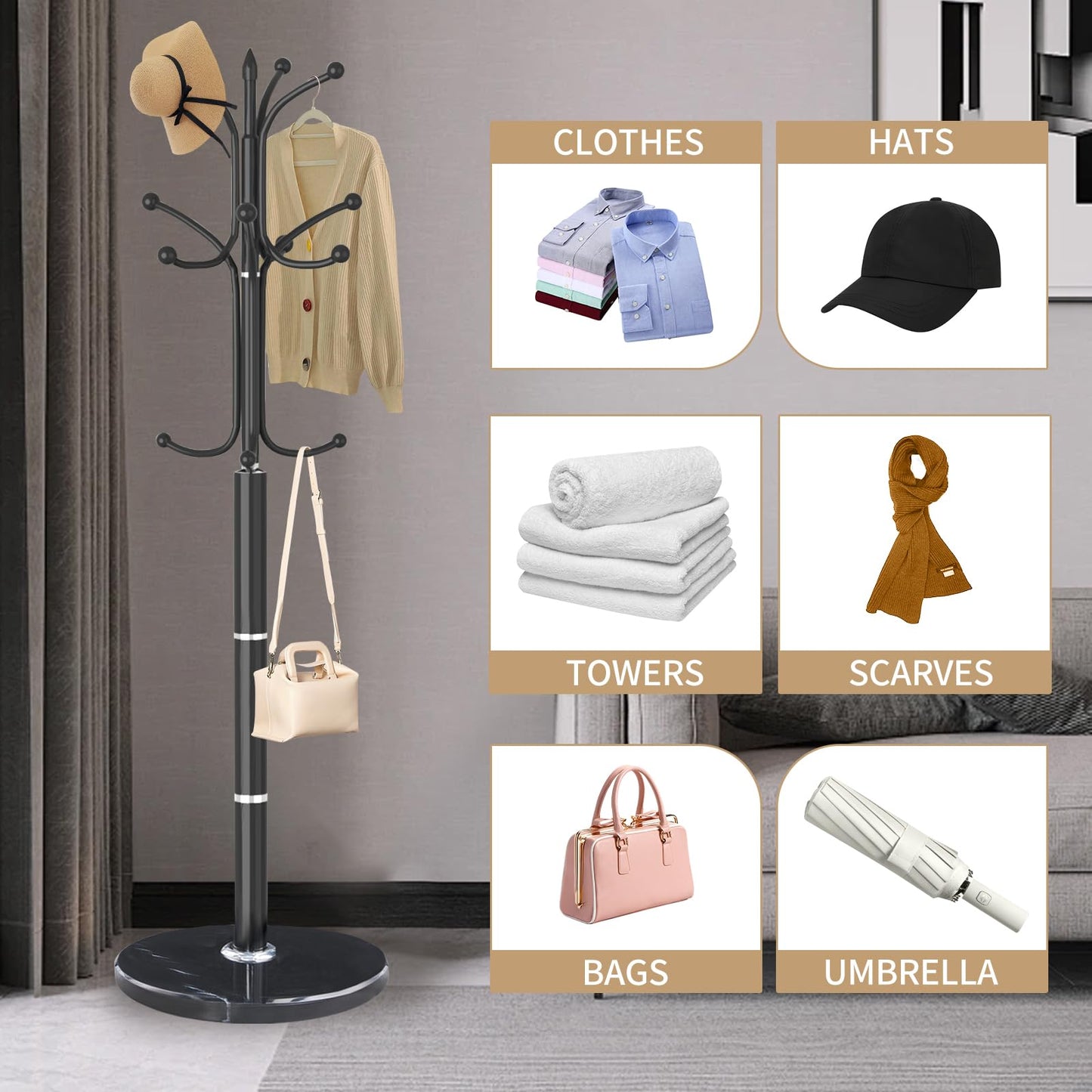 LOZABEE Metal Coat Rack Stand, Modern Freestanding Coat Rack with Natural Marble Base, Black Coat Racks and Coat Hall Tree Hanger Stand with 12 Hooks for Entryway, Hallway, Office