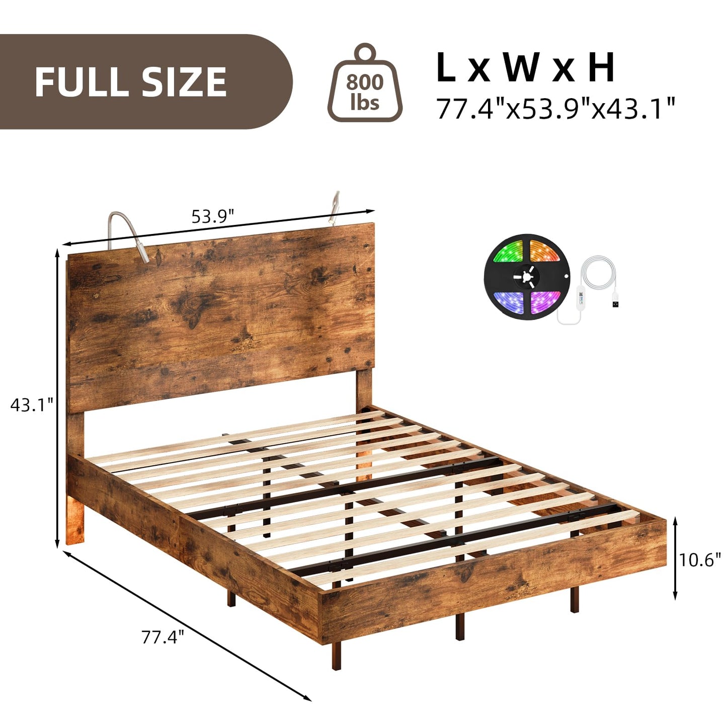 BarnFurin Floating Bed Frame Full with Led Lights, Wooden Bed Frame with Reading Light Headboard, Heavy Duty Metal Slats, No Box Spring Needed, Easy Assembly, Rustic Brown