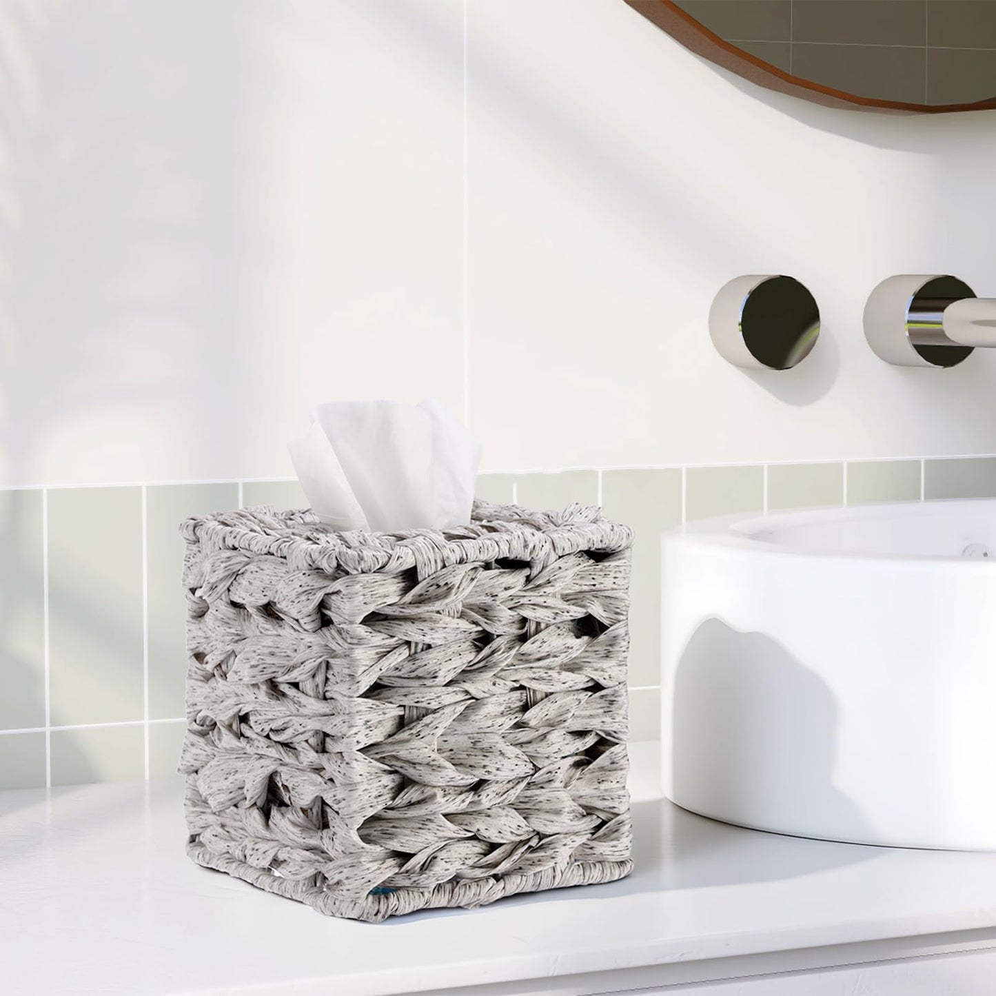 Sumnacon Wicker Tissue Box Cover, Square Tissue Box Holder, Hand Woven Facial Tissues Dispenser, Decorative Boho Tissue Box Organizer for Bathroom Bedroom Kitchen Office Table Desk Counter