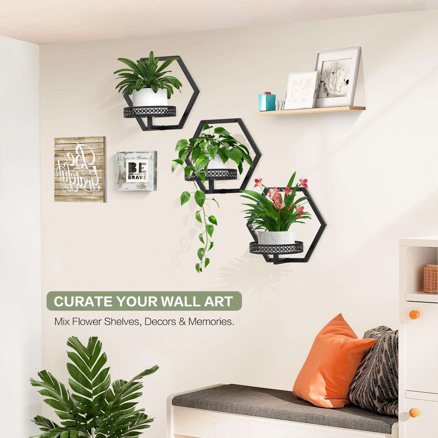 JOPBENG 3 Packs Wall Planters for Indoor Plants, 7.9inch Metal Wall Plant Holder Hanger Wall Decor, Wall-Mounted Hanging Planters Window Plant Shelves Outdoor (Black Openwork)