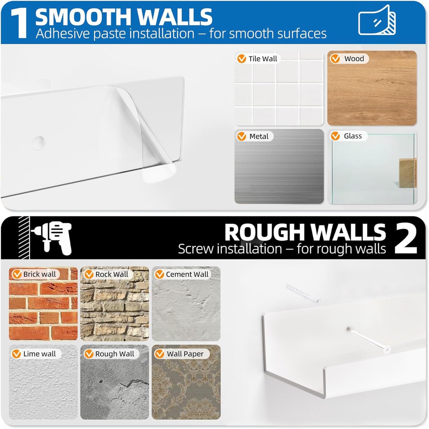 Albumgit 4 Pack Acrylic Shelves for Wall Storage, Self-Adhesive 15" White Floating Shelf for Pop Figures, Picture, Perfume, Books, Wall Shelf Organizer for Bathroom, Living Room, Bedroom, Kitchen
