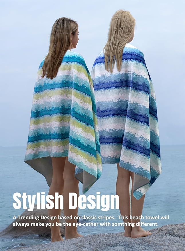 cabanana Large Beach Towel Oversized - Cotton Velour 35 x 70 Inch Coast Waves Camo Striped Terry Pool Towel, Cabana Soft Swimming Towel for Adults Women Men (Teal Blue)