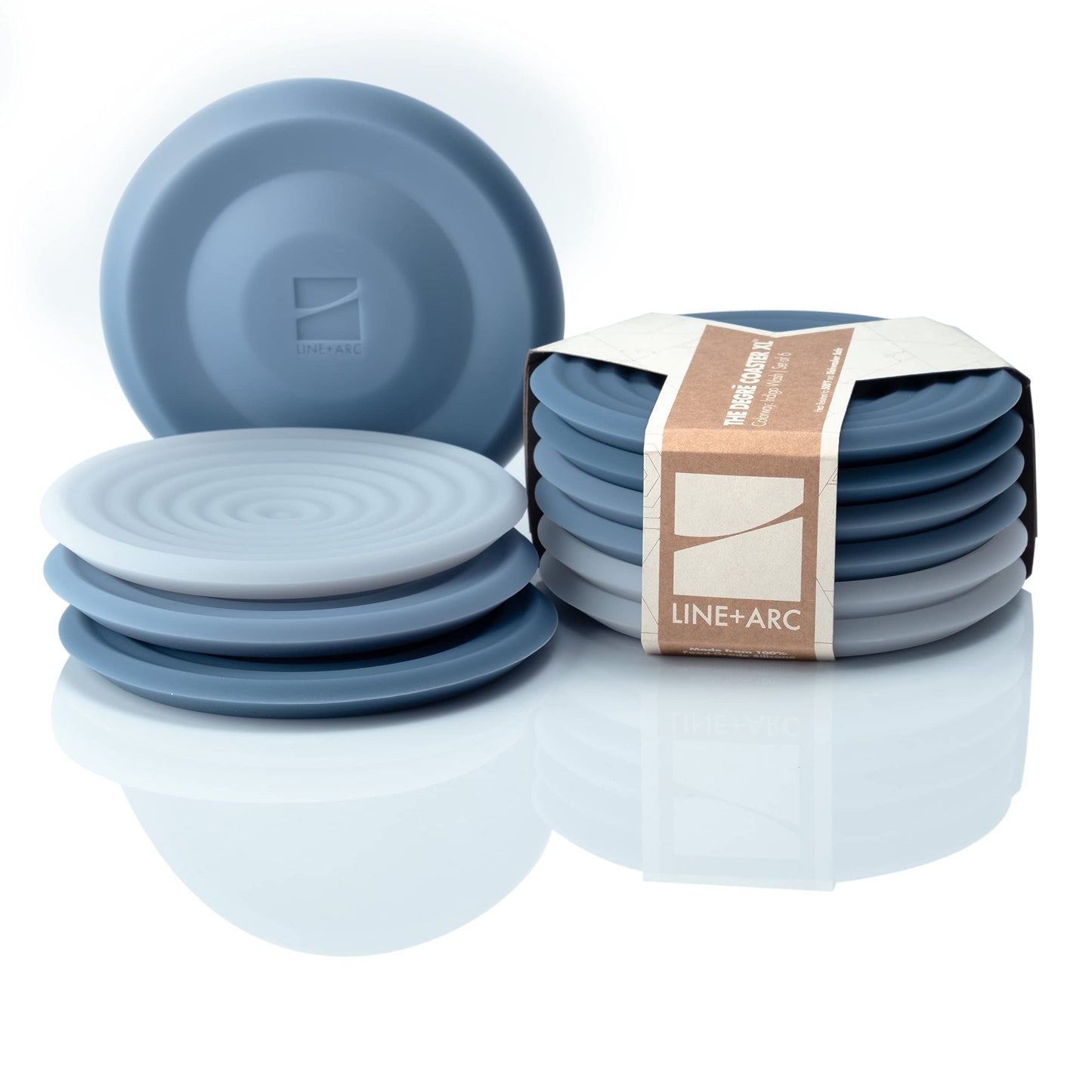 LINE+ARC Extra Thick Silicone Coasters Waterproof Anti-Stain Heat-Safe Dishwasher-Safe Degrē Coasters XL (Set of 6 Indigo Wash) Outdoor Round Mid-Century Modern MCM