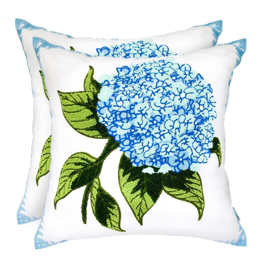 Alysheer Spring Hydrangea Embroidered Decorative Throw Pillow Covers 18"x 18" Set of 2, Summer Blue Green Floral Tufted Patterned Cotton Cushion Cases for Couch Bed Living Room Decor