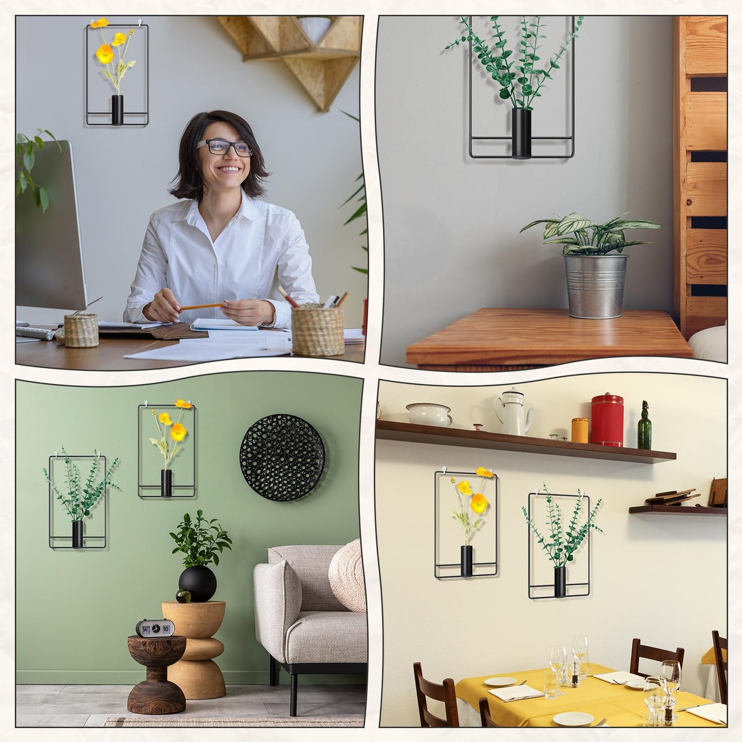 Romooa 2 Pcs Wall Decor Hanging Planters Metal Hanging Vase Black Indoor Plants Holder with 6 Pcs Traceless Hook, Wall Decor for Indoor, Outdoor, Home, Office, and Garden