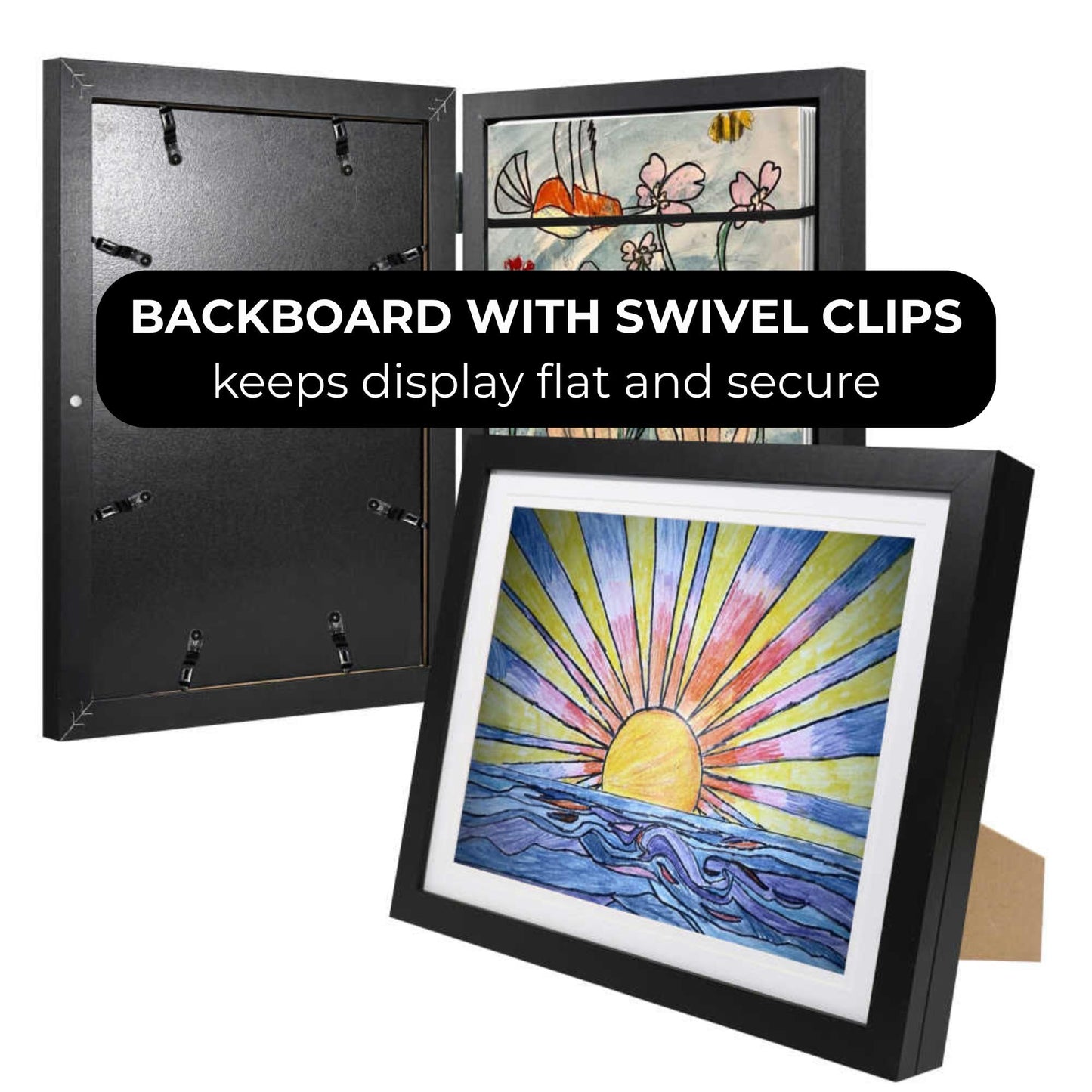 2-Pack Kids Artwork Frames Changeable 10x12.5 with Easel Stand, Hangers, Backboard, Shatterproof Plexiglass | 2 Mats Fit 9x12, 8.5x11, A4 Paper Sizes | Large and Easy-Access Kids Art Frame Display and Storage for up to 100 Sheets (Black)