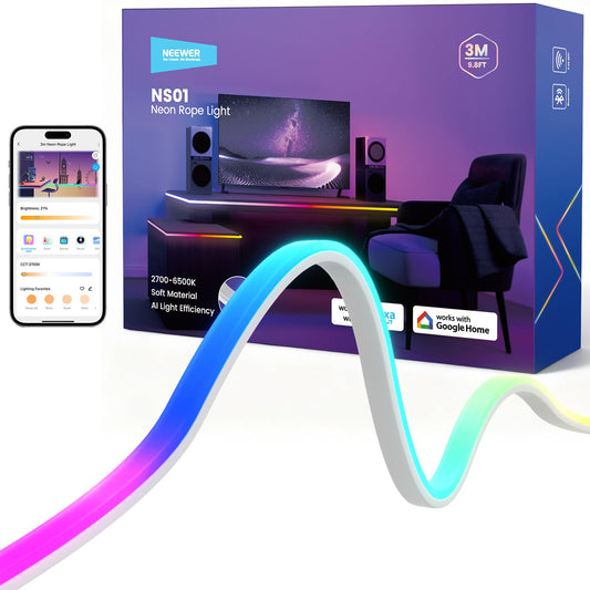 NEEWER 9.84ft/3m LED Strip Lights Front Lit, Smart AI RGB Cuttable Neon Rope Light, App Control Color Changing, Bedroom Gaming Room Home Indoor Wall Decor, Compatible with Google Assistant Alexa, NS01