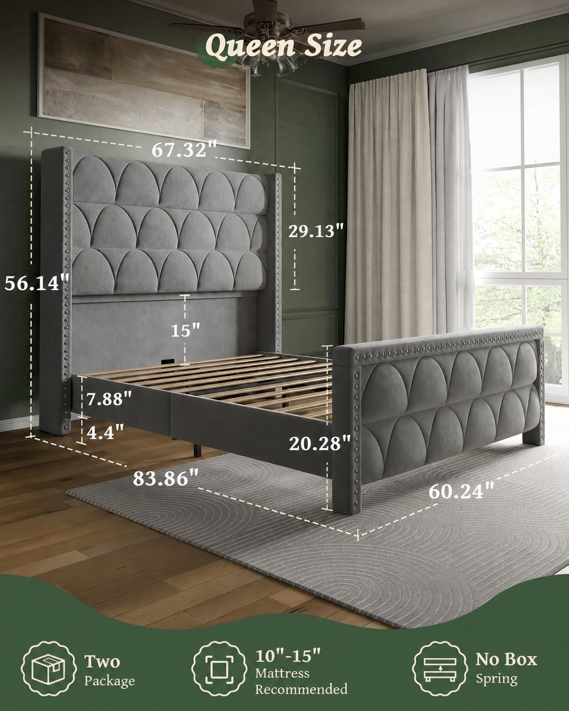 OHOHOLIVE Queen Size Bed Frame with 56" Headboard - Velvet Upholstered Wingback Platform Bed Frame, Noise Free, Sturdy Wooden Slat Support (Deep Gray, Queen)