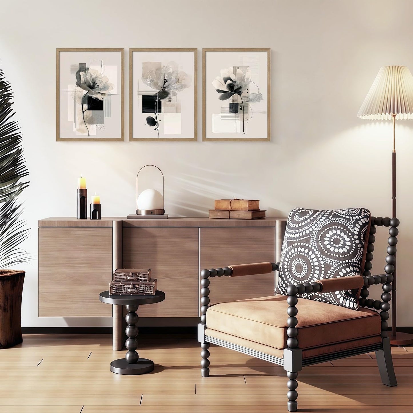3Pcs Framed Black and White Flower Abstract Wall Art Modern Neutral Canvas Prints Posters Pictures Gallery Wall Decor Living Room Bedroom Office Apartment 12X16 Inch Ready to Hang
