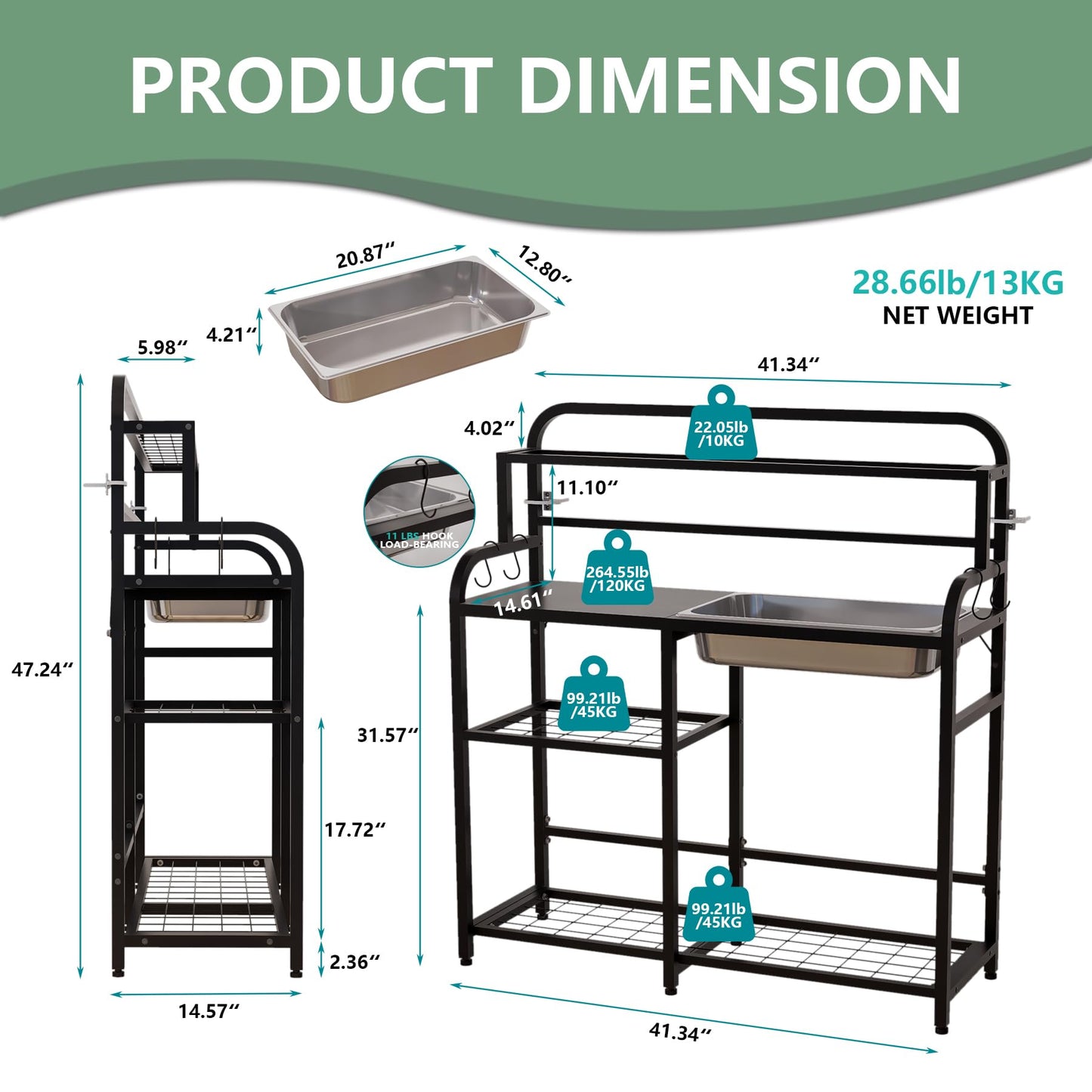 FUXJUM Outdoor Potting Bench Table with Sink & Storage, Heavy Duty Metal Gardening Workbench, 4-Tier Garden Potting Station with Hooks, Adjustable Height Planting Table for Patio Lawn Backyard, Black