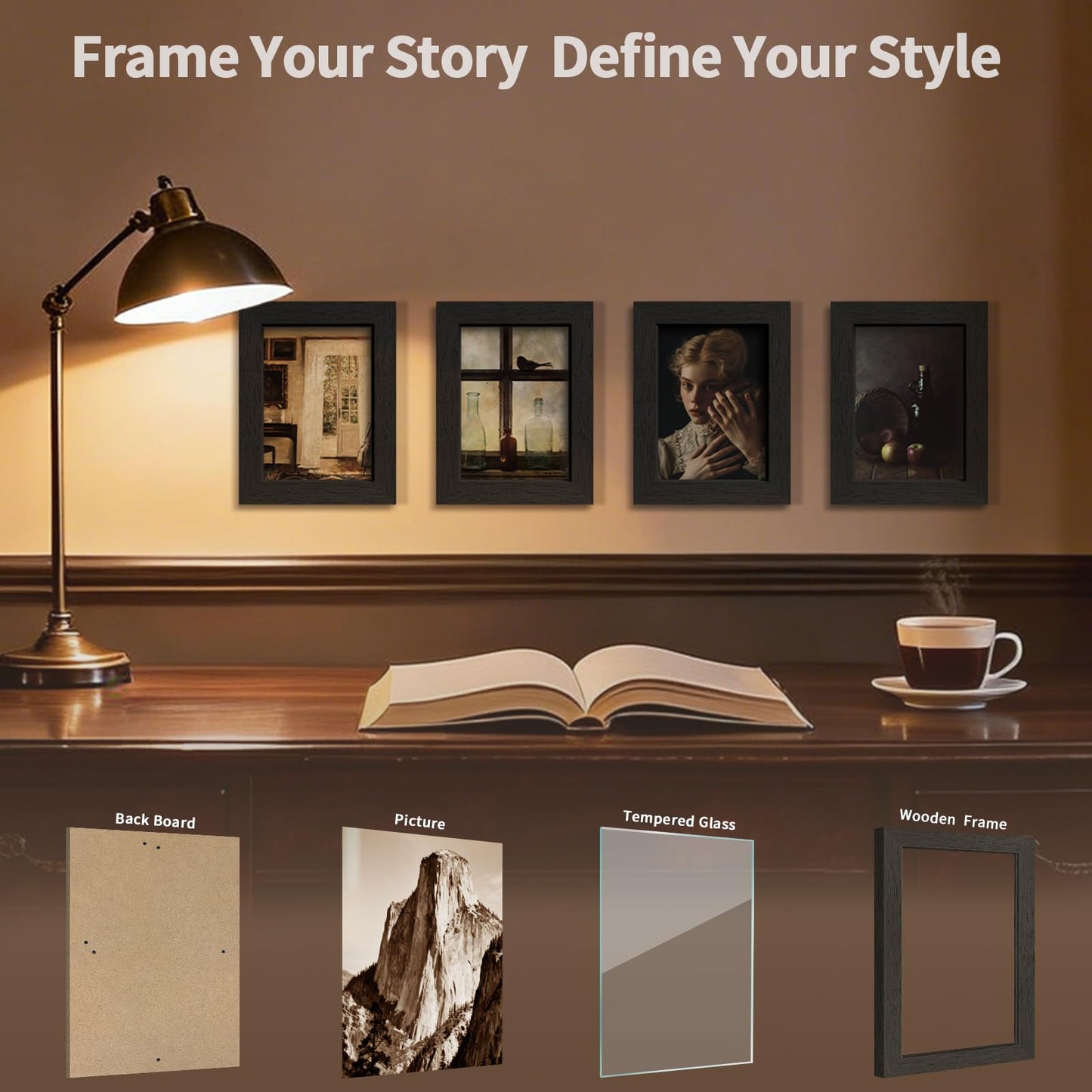 KissNow 5x7 Picture Frame 4 Pack, Black Wood 7x5 Frame, Tempered Glass, Vertical or Horizontal Tabletop Display for Photos & Art Prints