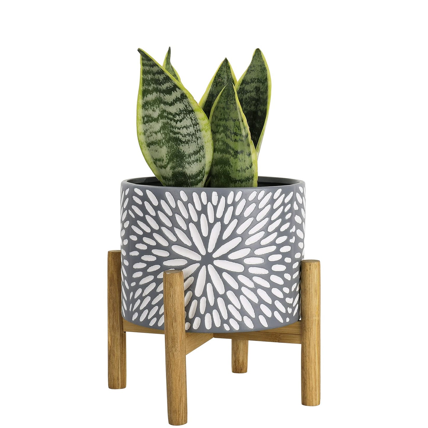 LA JOLIE MUSE Ceramic Planter with Wood Stand - 8 Inch Unique Modern Flower Pots Indoor with Wood Planter Holder and Drainage, Frost Gray