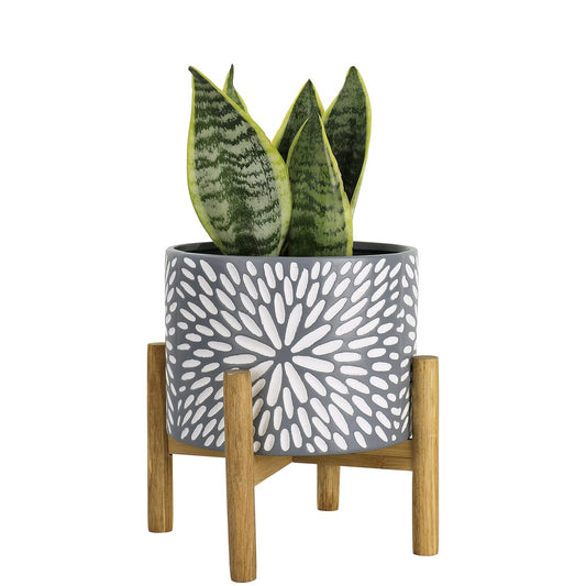 LA JOLIE MUSE Ceramic Planter with Wood Stand - 8 Inch Unique Modern Flower Pots Indoor with Wood Planter Holder and Drainage, Frost Gray