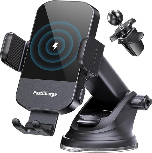 CHGeek Wireless Car Charger, 15W Fast Charging Auto Clamping Car Charger Phone Mount Phone Holder fit for iPhone 16 15 14 13 12 Pro Max 11 XR XS, Samsung Galaxy S24 Ultra S23 S22 S21, S20, S10+, Black