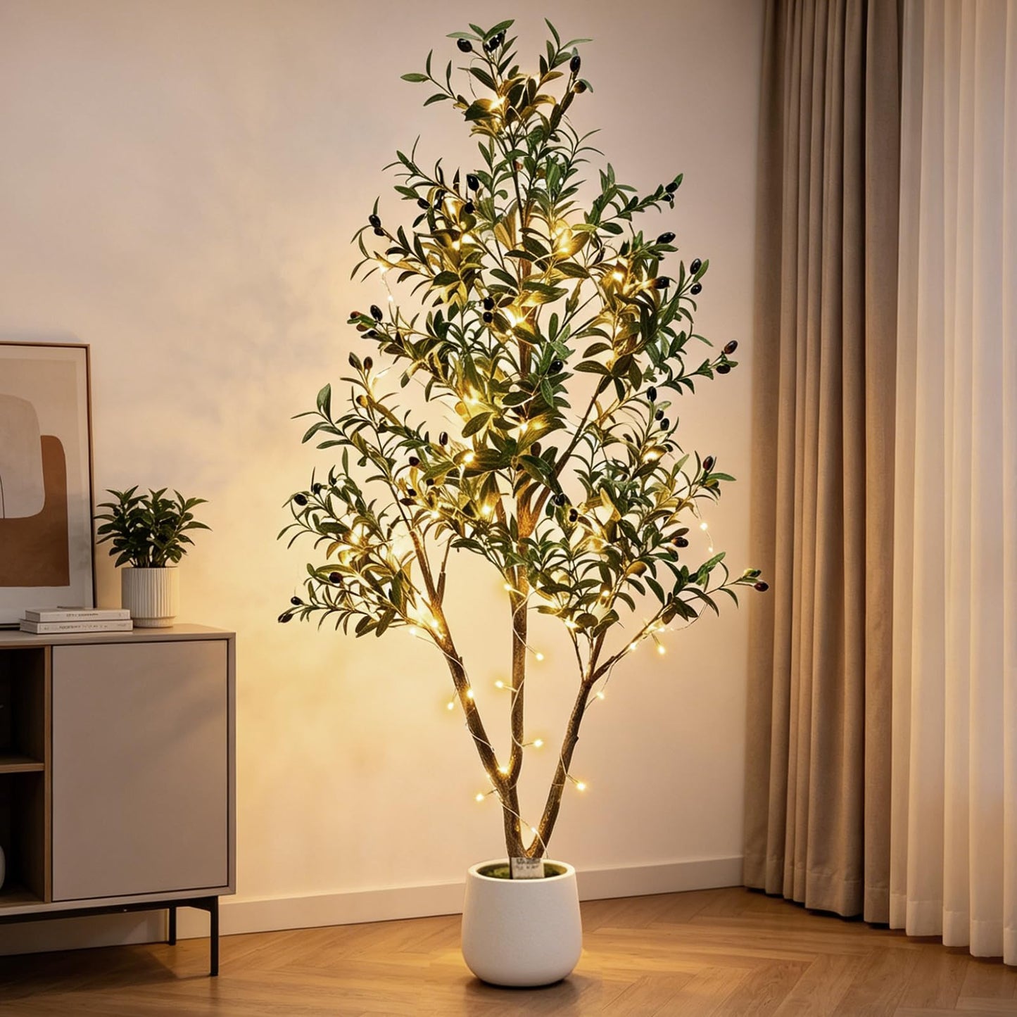 TNELTUEB 6FT Artificial Olive Tree Indoor with Lights & Planter, Realistic Faux Olive Trees with Lifelike Fruits for Living Room Decor, Tall Fake Silk Plants for Modern Home Office