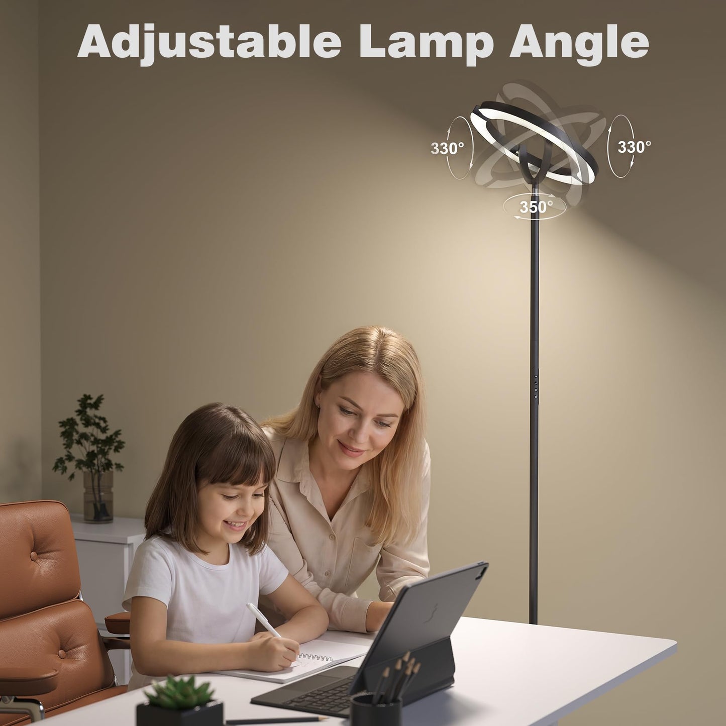 SIBRILLE 30W LED Floor Lamp, 350° Rotating Reading Standing Lamp with Remote Control, Stepless Dimmable 3000K-6500K Modern Tall Lamp for Living Room Bedroom Office